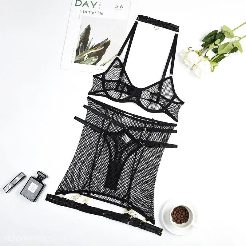 Black mesh lingerie set, elegant five piece lace and tulle lingerie five piece set