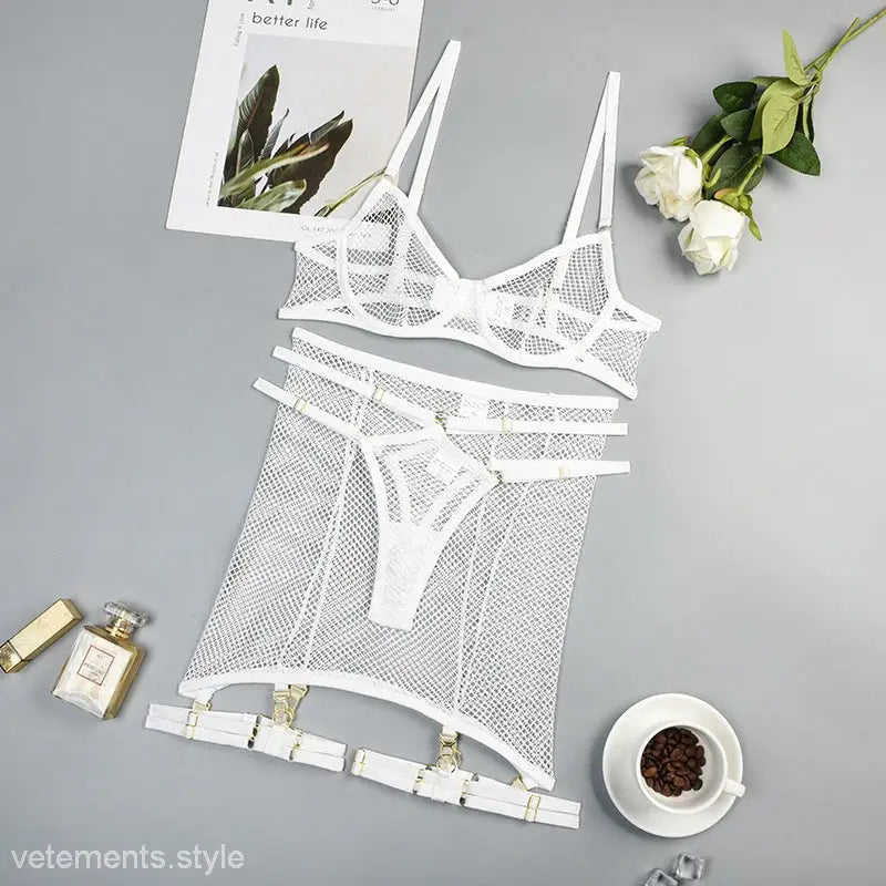 White mesh lingerie set from Elegant Five Piece Lingerie Set in Lace and Tulle