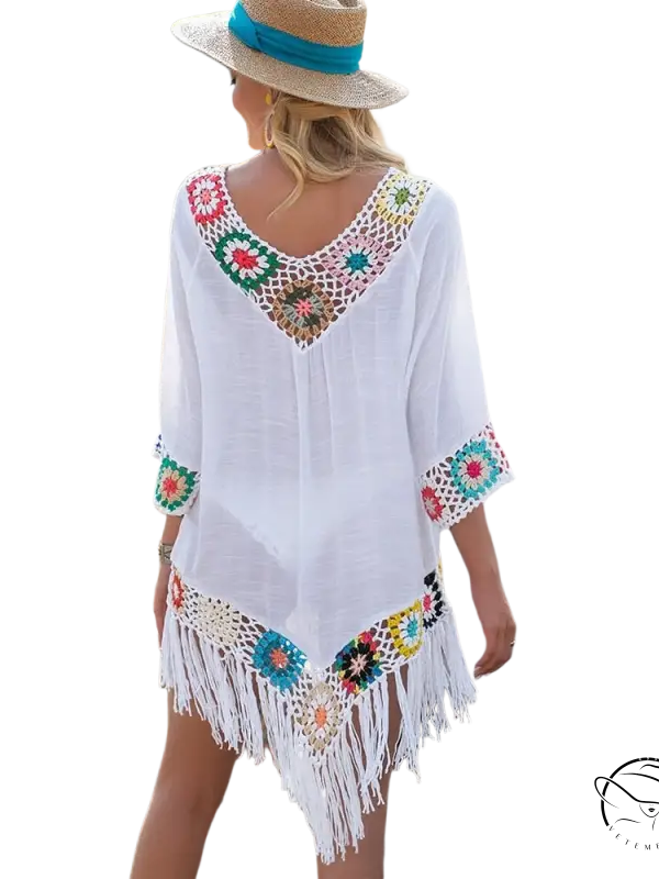 Elegant white bikini beachwear dress with colorful crochet details
