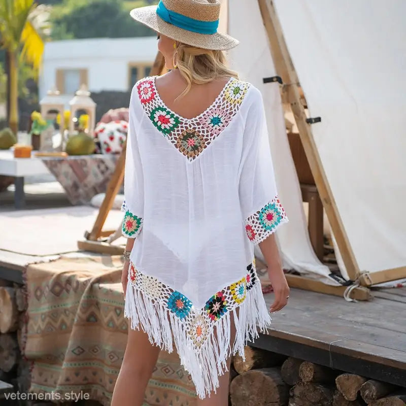 White comfy beachwear dress with colorful crochet and fringe trim