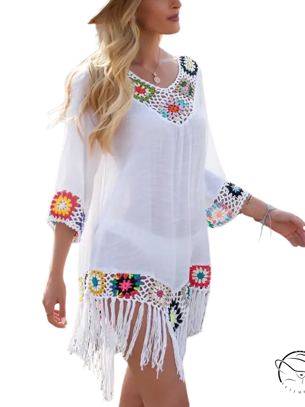 White comfy beachwear dress with colorful crochet and fringe trim
