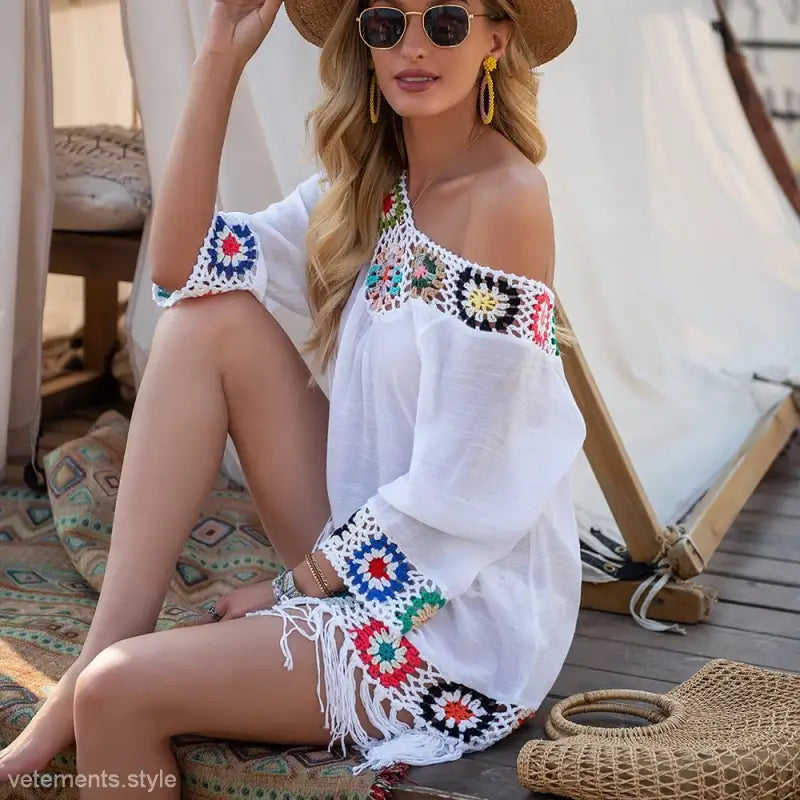 White off-shoulder comfy beachwear dress with colorful crochet trim