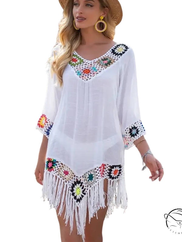 Elegant floral comfy beachwear dress with white crochet details