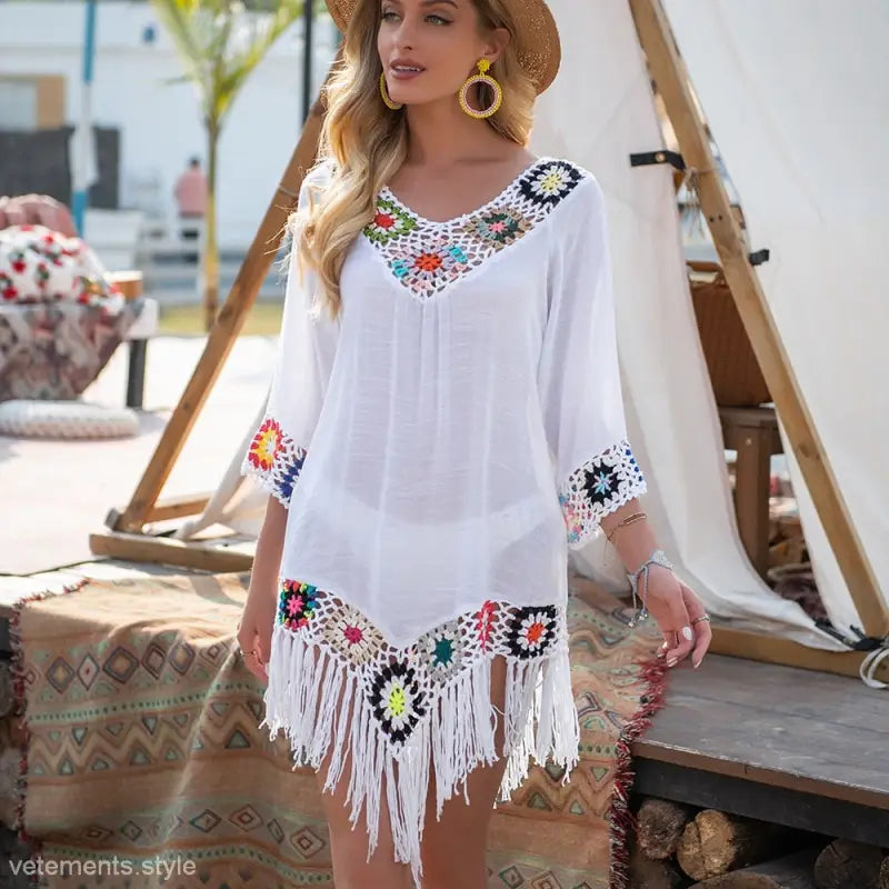 White comfy beachwear dress with colorful crochet details and fringe trim