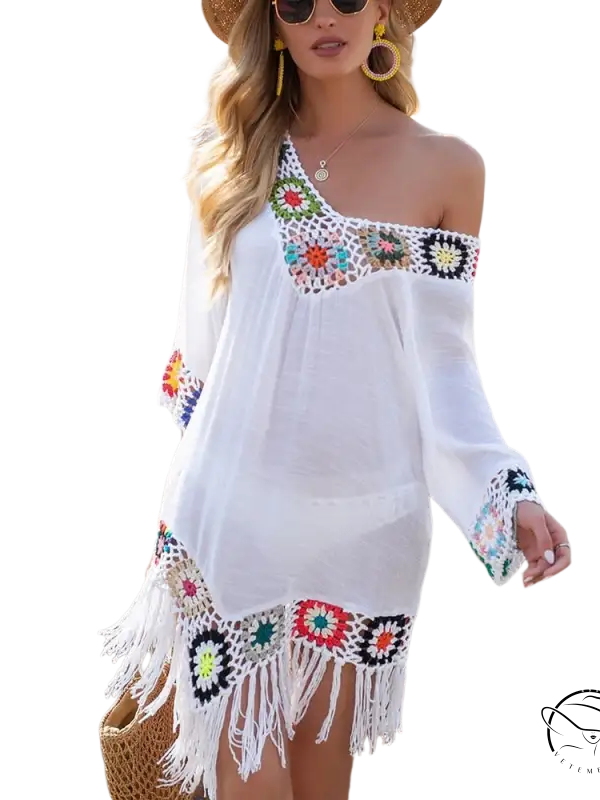 White off-shoulder comfy beachwear dress with crochet details