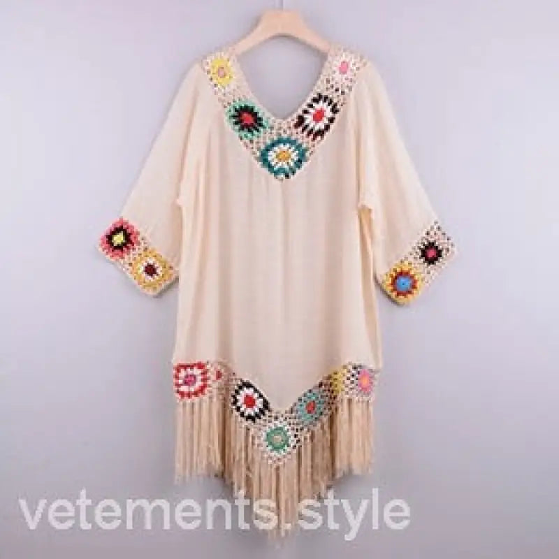 Cream-colored bohemian comfy beachwear dress with crochet details