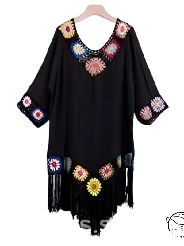 Black tunic comfy beachwear dress with floral crochet and fringe trim