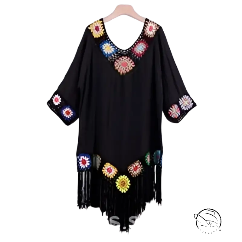 Black tunic comfy beachwear dress with floral crochet and fringe trim