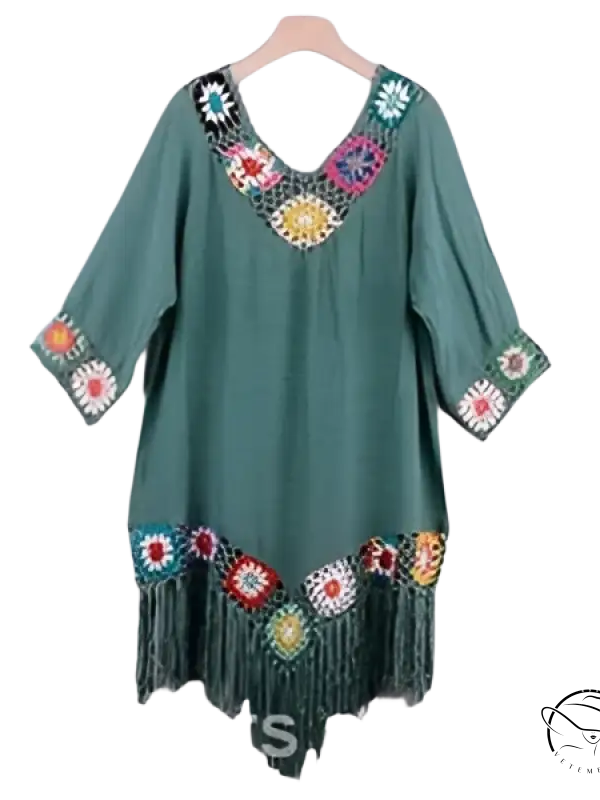 Green tunic comfy beachwear dress with crochet details and fringe trim