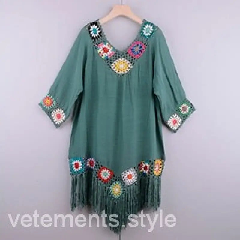 Elegant floral comfy beachwear dress in green tunic with crochet details