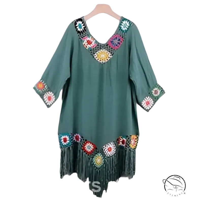Green tunic comfy beachwear dress with crochet details and fringe trim