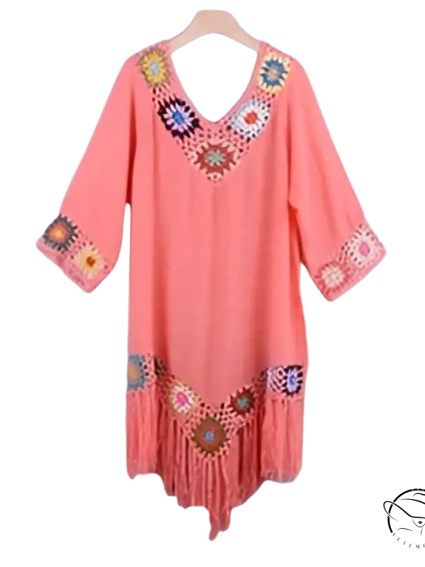 Coral bohemian comfy beachwear dress with crochet details and fringe