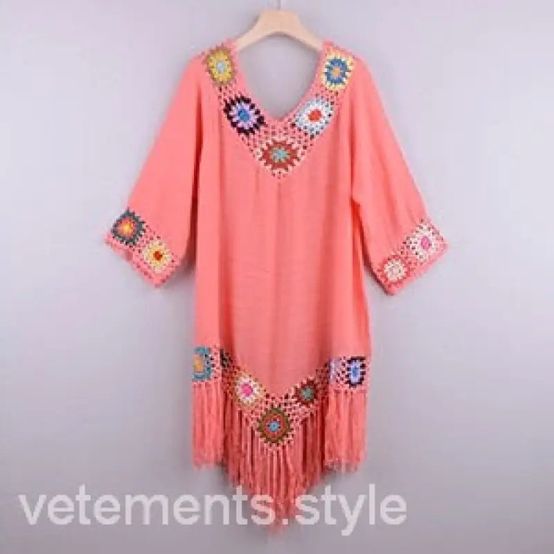 Coral bohemian comfy beachwear dress with crochet details and fringe