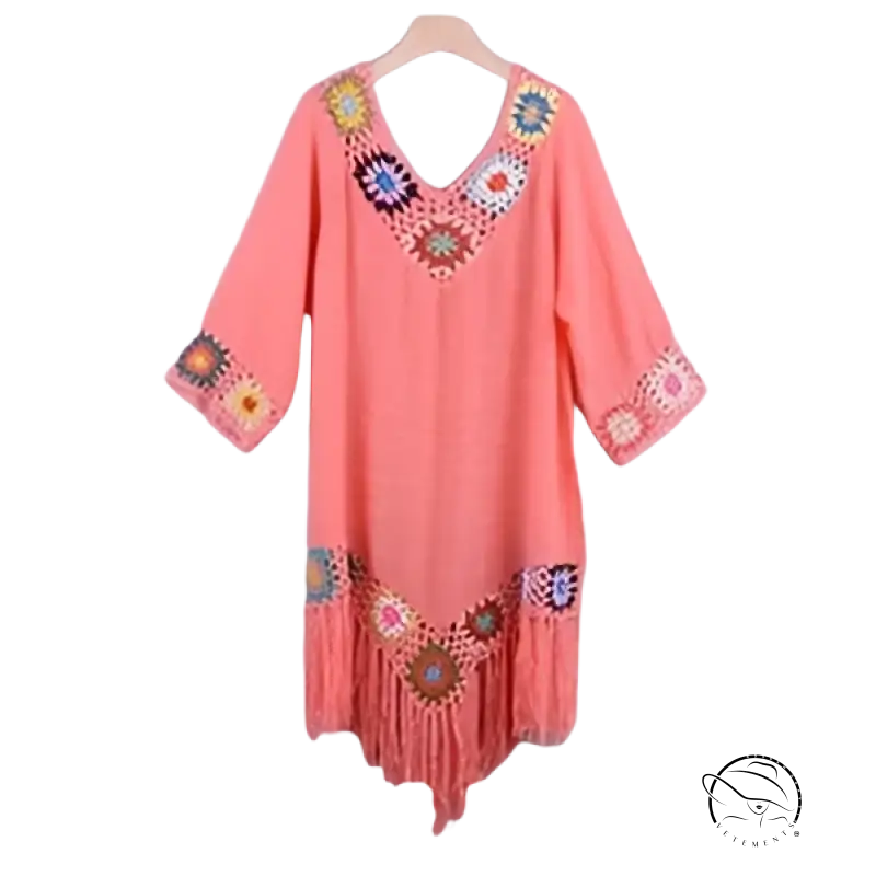 Coral bohemian comfy beachwear dress with crochet details and fringe