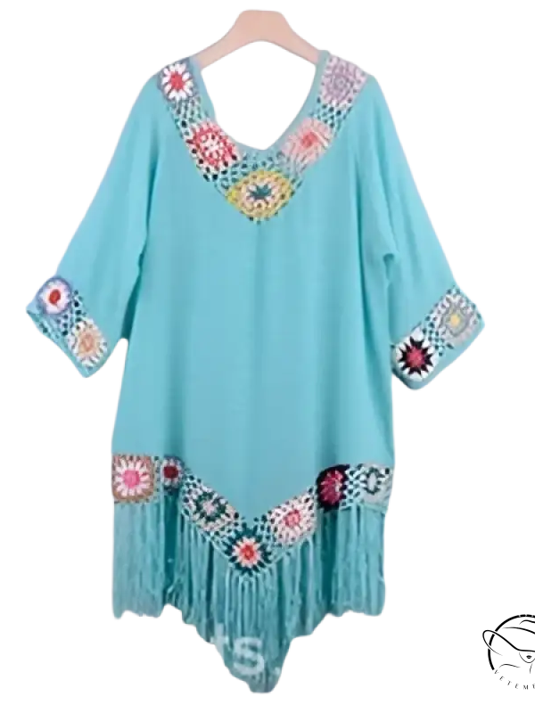 Turquoise crochet-trimmed comfy beachwear dress with fringe hem and floral accents