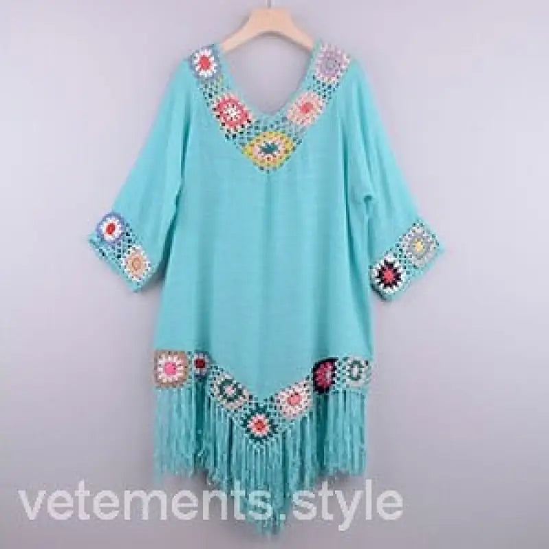 Turquoise crochet-trimmed comfy beachwear dress with fringe hem and floral accents