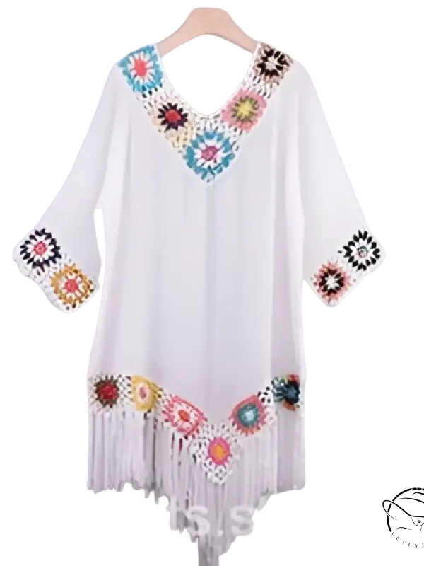 White bohemian comfy beachwear dress with colorful crochet and fringe trim