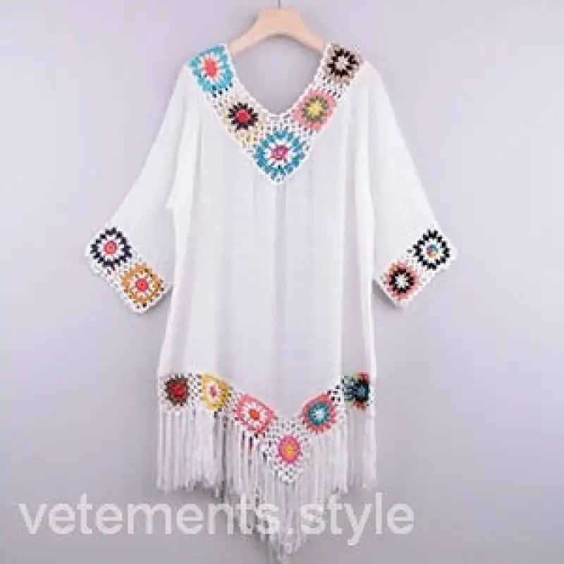 White bohemian comfy beachwear dress with crochet details and fringe