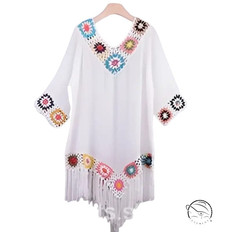 White bohemian comfy beachwear dress with colorful crochet and fringe trim