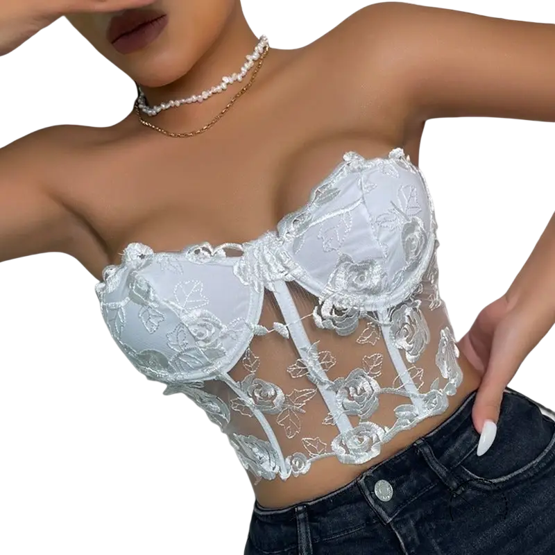 Elegant floral boning corset top with white lace embroidery