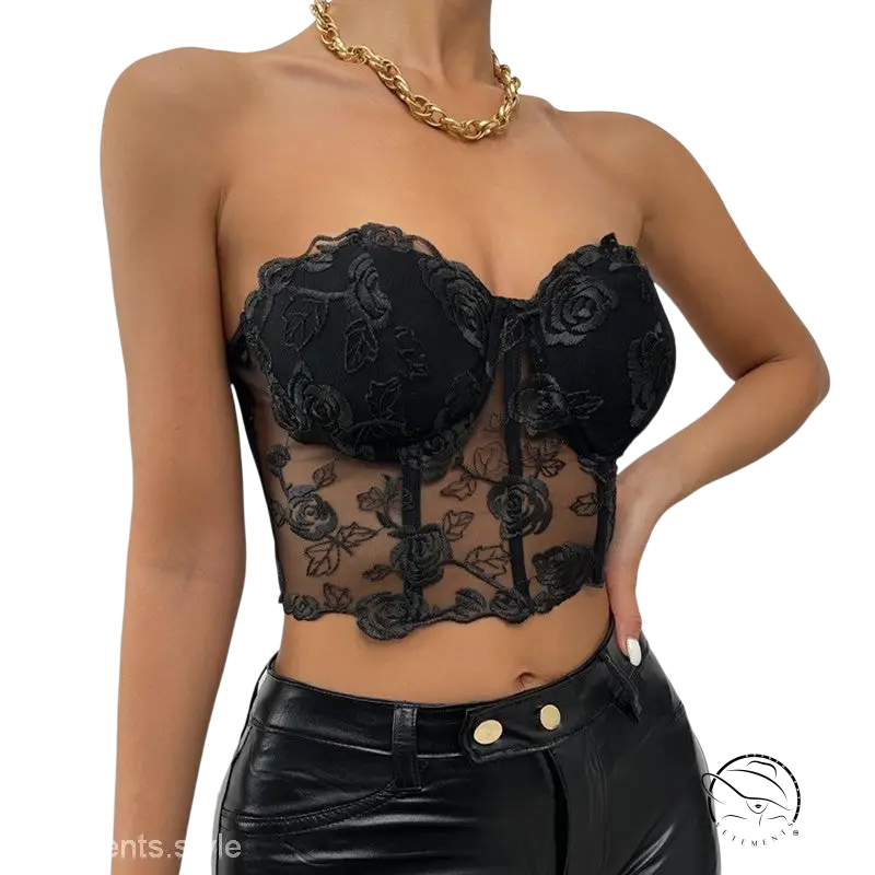 Elegant floral boning corset top with black lace and padded cups