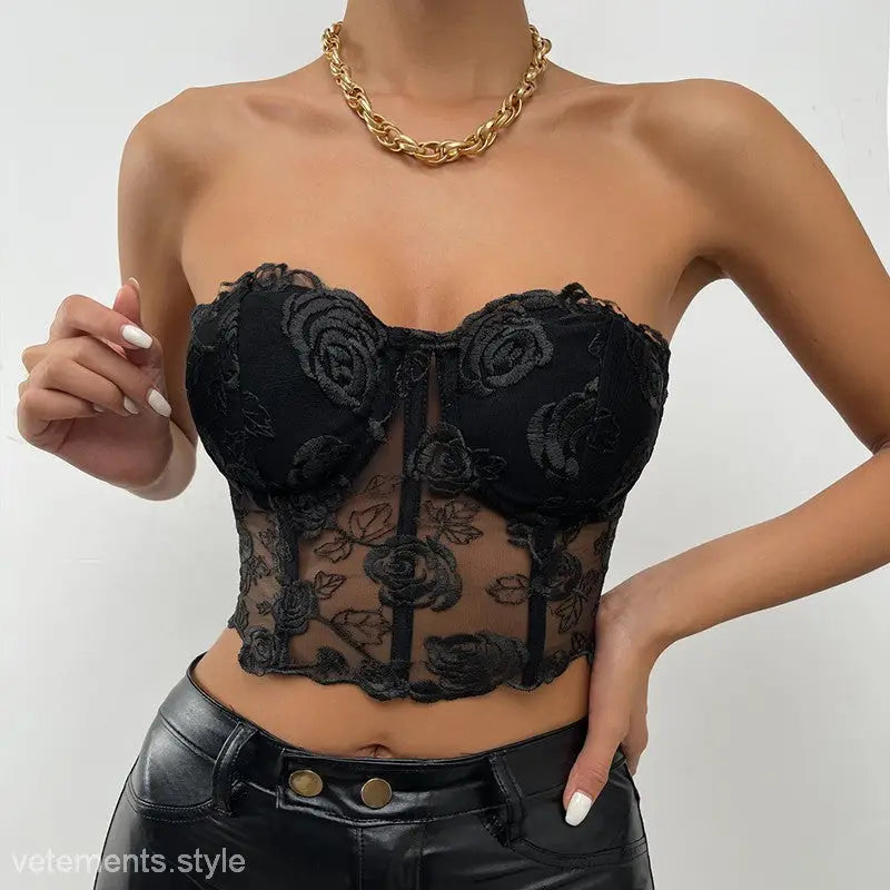 Black lace floral embroidered strapless corset top with floral boning corset and steel ring boning