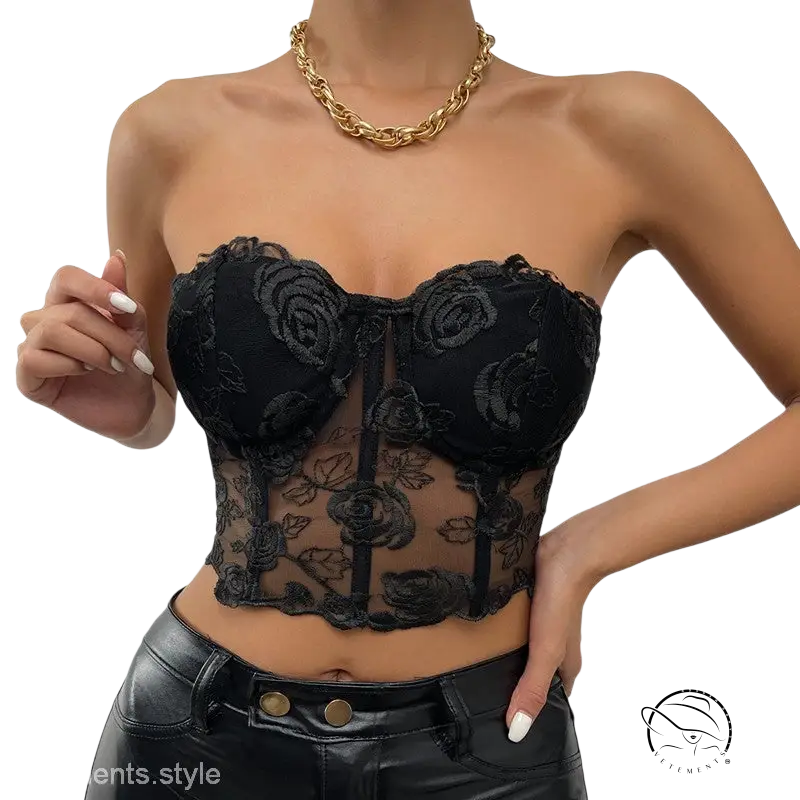 Elegant floral boning corset top with black lace embroidery