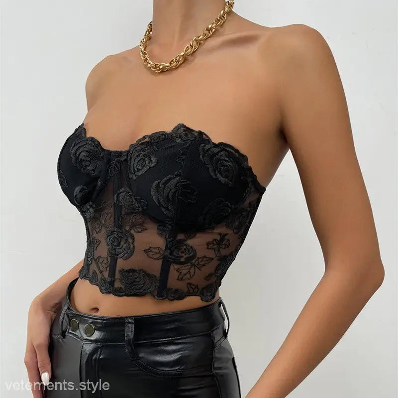 Black lace floral embroidered strapless corset top with floral boning and steel ring boning