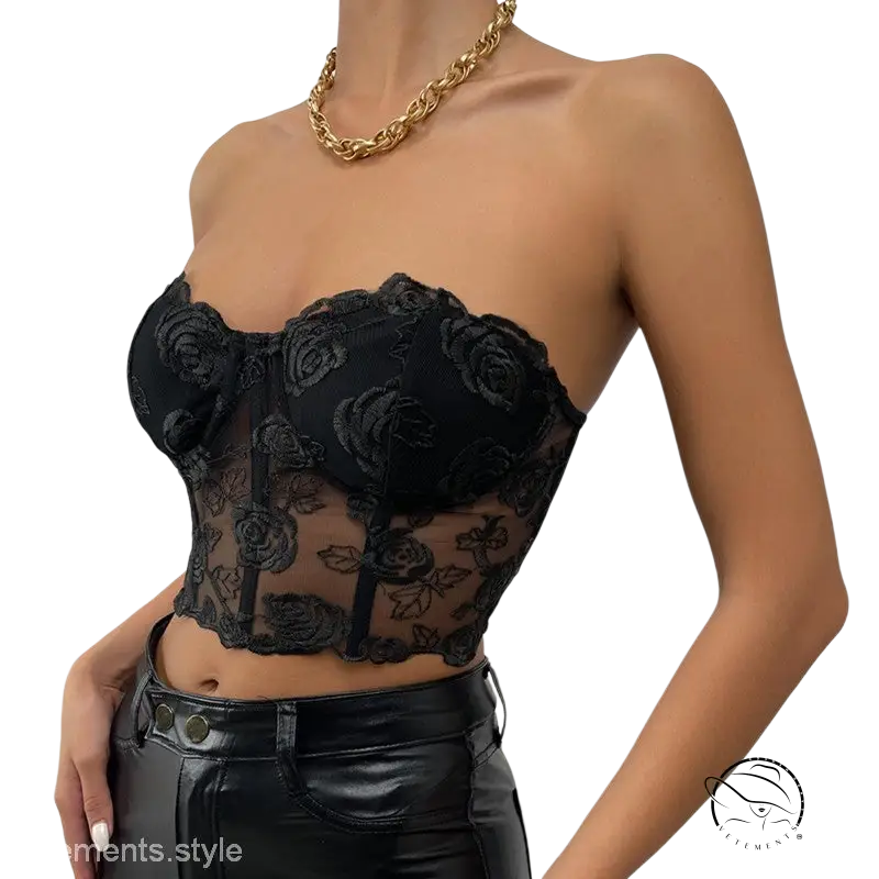 Elegant floral boning corset top with black lace embroidery