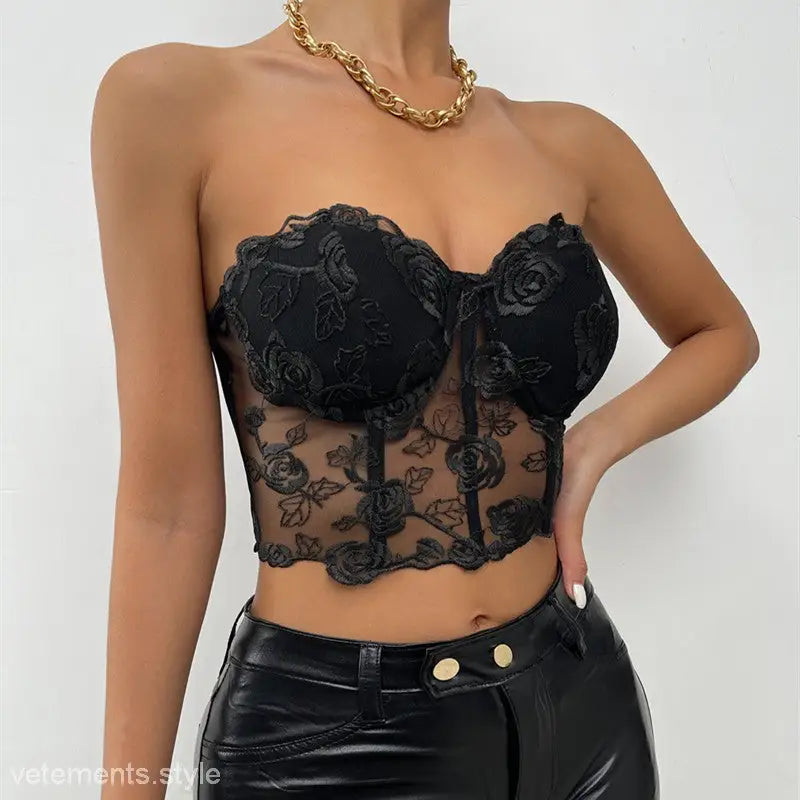 Black floral lace strapless corset top with floral boning and steel ring boning details