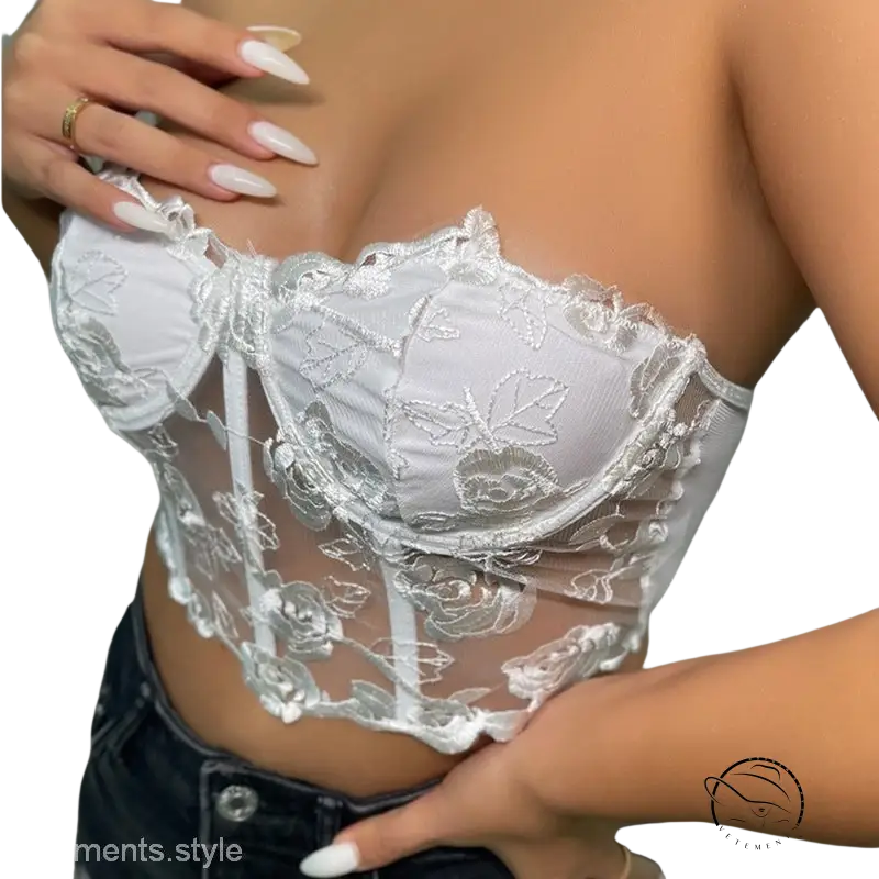 Elegant floral boning corset top with white lace embroidery
