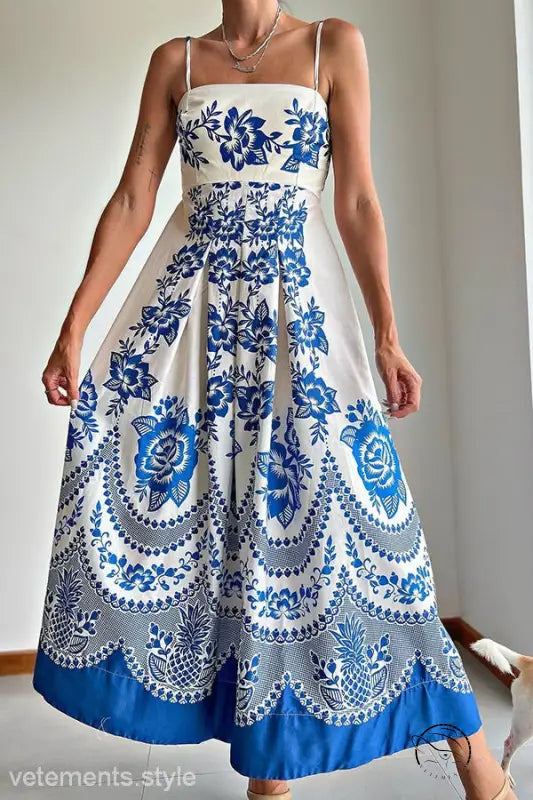 Elegant floral maxi comfy summer dress with white base and blue paisley patterns