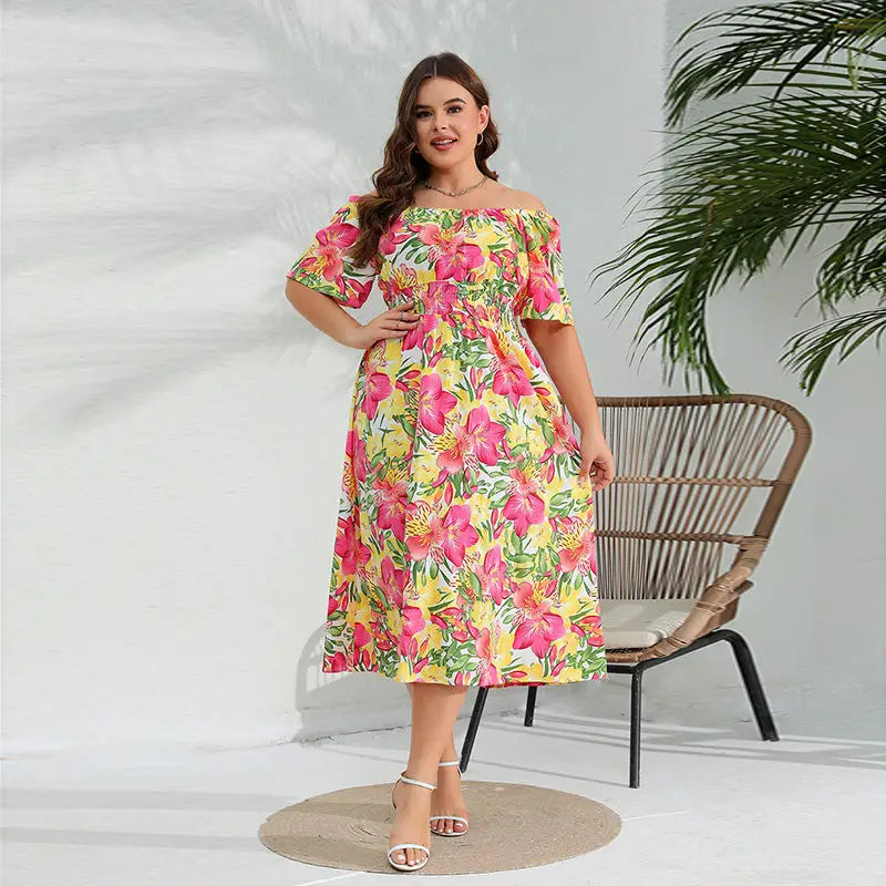 Plus-size off-shoulder floral midi dress from Elegant Floral Midi Dress with Short Sleeves for Summer Wear