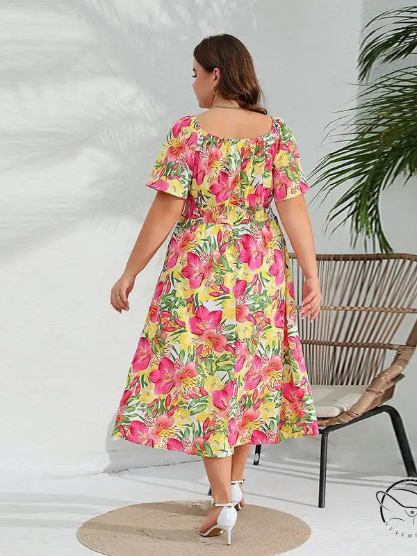 Elegant floral midi dress with off-shoulder sleeves for plus size