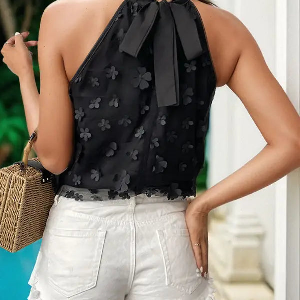 Elegant floral organza mock neck tank top with black sheer halter design, free shipping