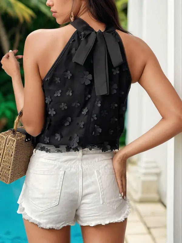 Elegant floral organza mock neck tank top with black sheer halter design, free shipping