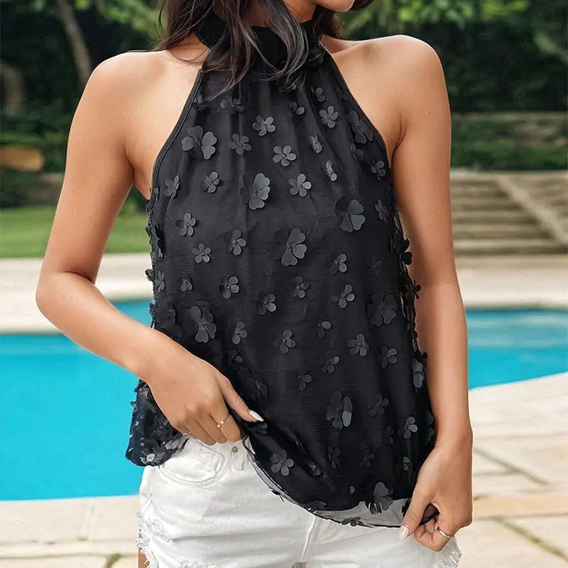 Elegant floral embroidered black halter top from Langry fashion with free shipping