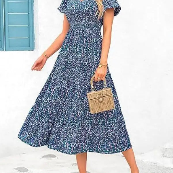 Blue floral print bubble pleated dress with short sleeves and wicker handbag accessory