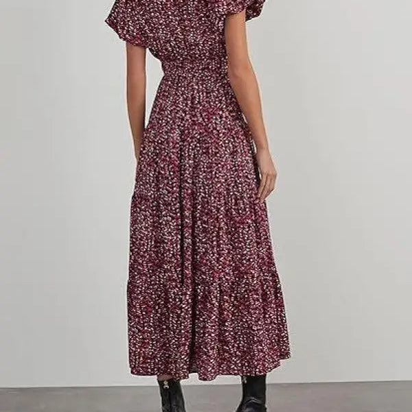Floral print maxi dress featuring flutter sleeves and a cinched waist in Bubble Pleated design