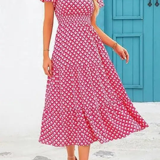 Pink and white floral midi dress with v-neckline, perfect bubble pleated dress for any occasion
