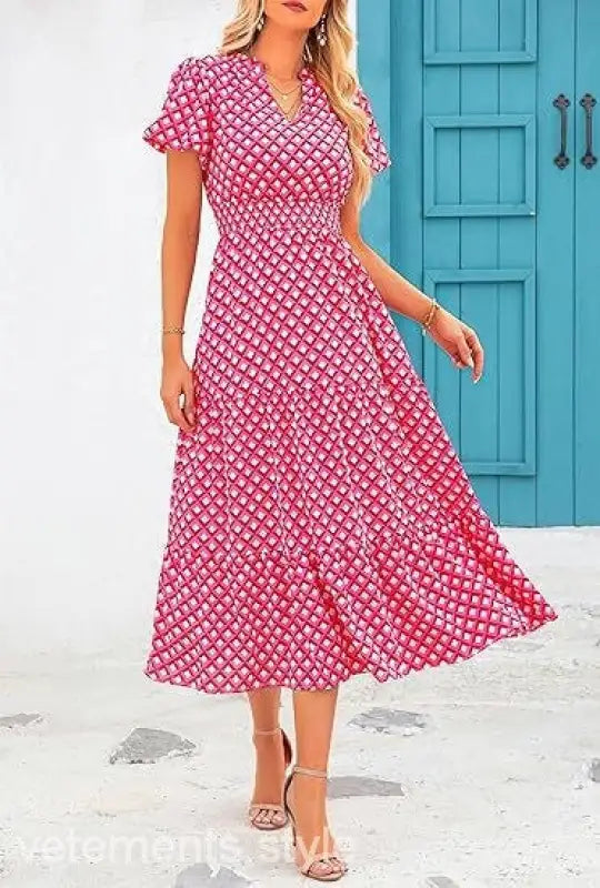Pink and white floral midi dress with v-neckline, perfect bubble pleated dress for any occasion