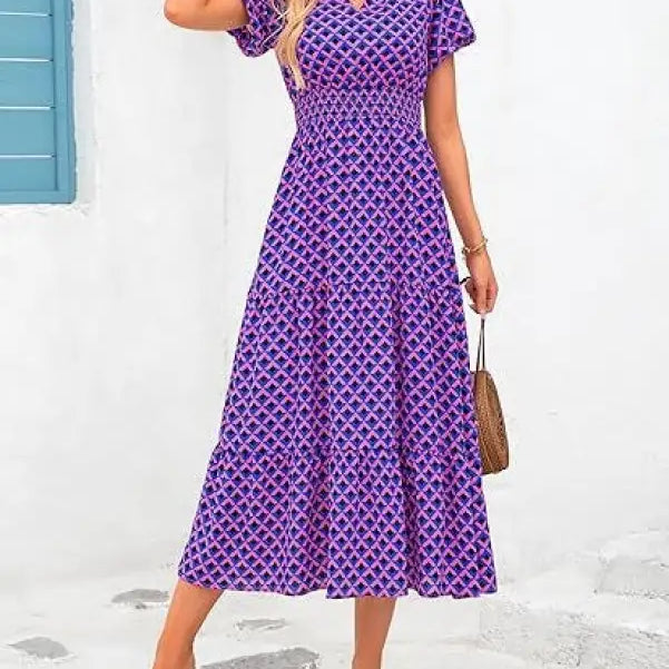 Elegant Floral Smocked V-Neck A-Line Bubble Pleated Dress in purple and blue pattern