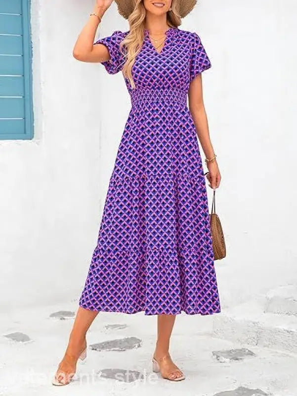 Elegant Floral Smocked V-Neck A-Line Bubble Pleated Dress in purple and blue pattern