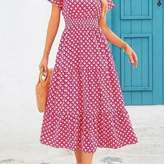 Pink and white floral bubble pleated dress with short sleeves and v-neckline