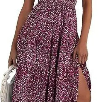Floral print maxi dress with short sleeves and side slit, perfect bubble pleated dress