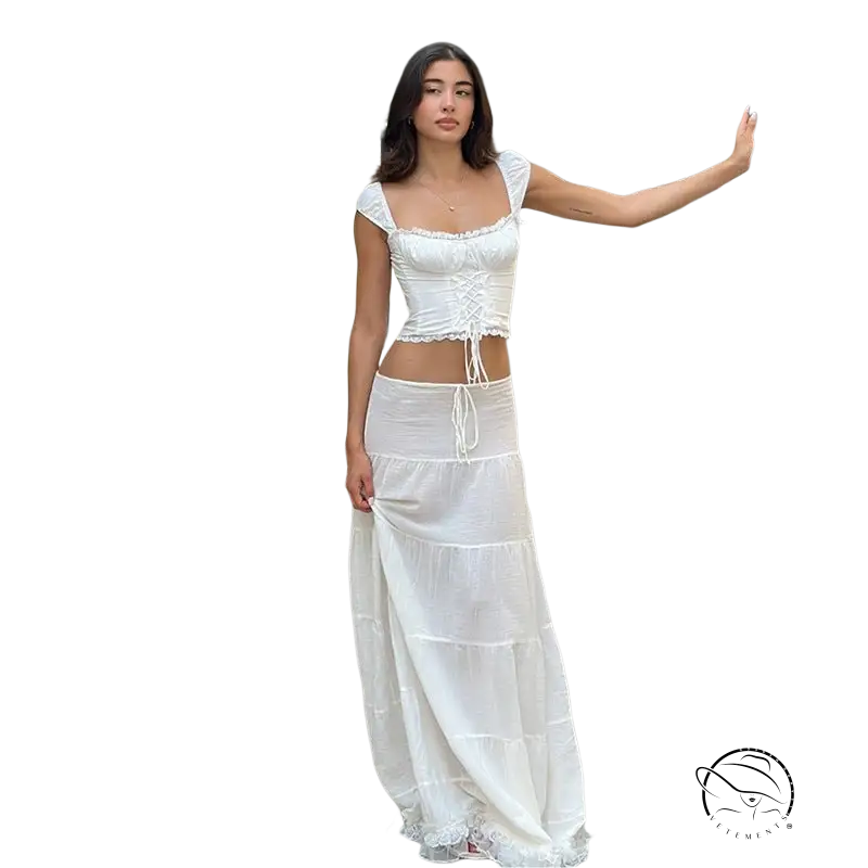 Woman in elegant French collar top and lace stitching skirt