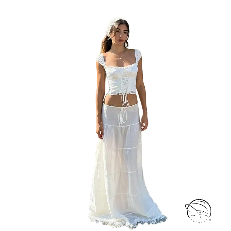 Woman in elegant French collar top and lace stitching skirt