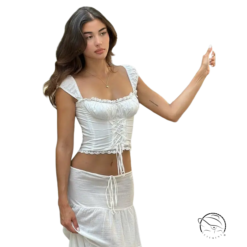 Woman in elegant French collar top with lace stitching skirt