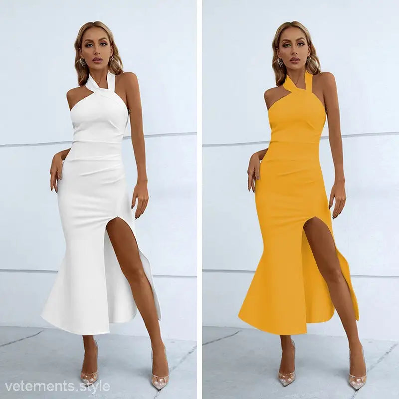 Elegant French Fishtail Dress for Boho Summer Vacations with two halter-neck fishtail dresses