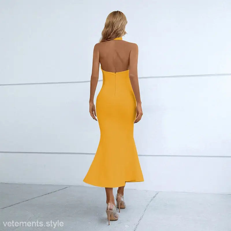 Backless yellow halter fishtail dress, elegant French fishtail dress for summer vacations